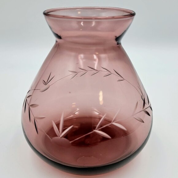 Vintage Cranberry Purple Etched Vase Round Read - Picture 1 of 11